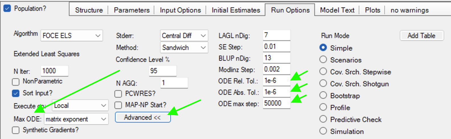 Select Max ODE method and Advanced for other Options
