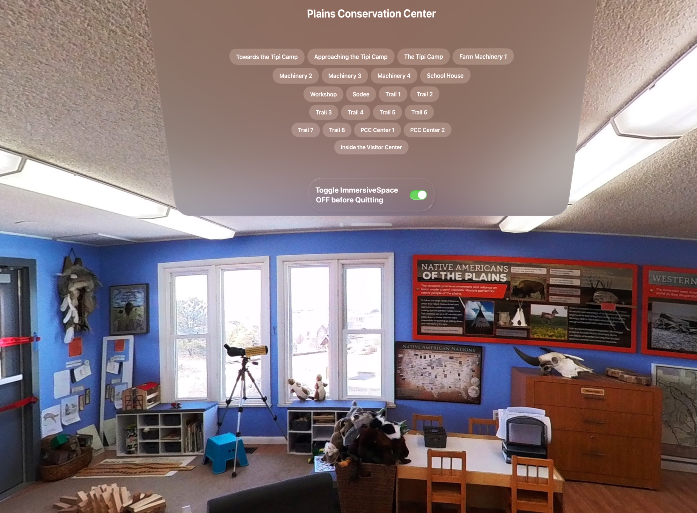 Inside the PCC Visitor Center with the Menu moved Out of the Way